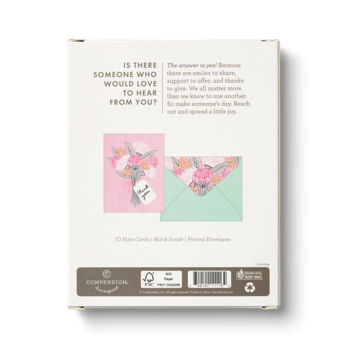 boxed notecards - thank you - pink sketched bouquet - set of 10 by compendium