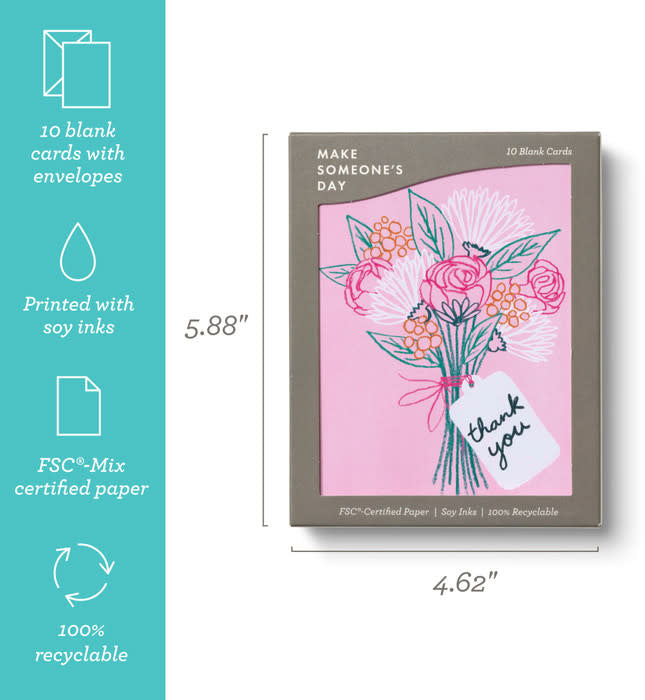 boxed notecards - thank you - pink sketched bouquet - set of 10 by compendium