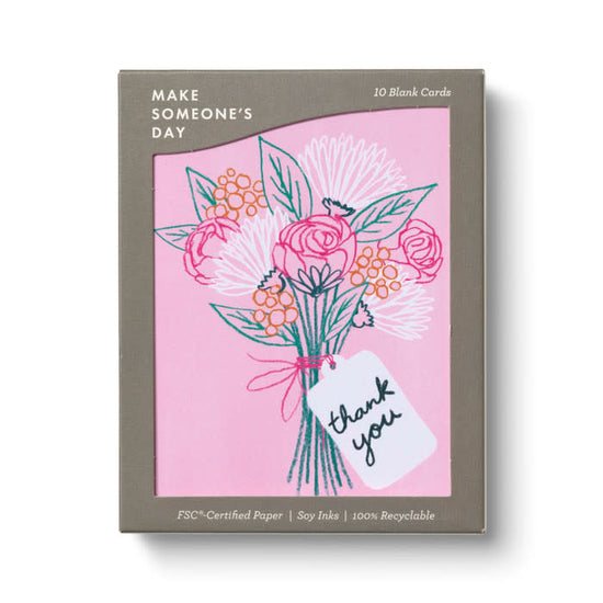 boxed notecards - thank you - pink sketched bouquet - set of 10 by compendium