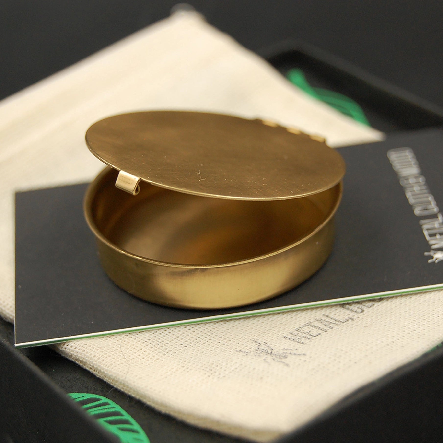 pill box - round brass 1.6" by metal cloth & wood