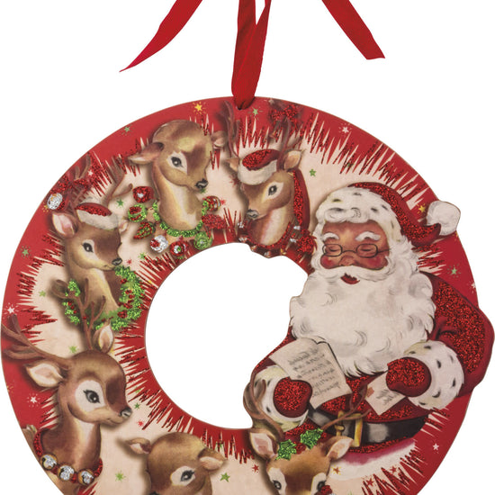 wreath - wooden 13" - retro reindeer & santa by primitives by kathy