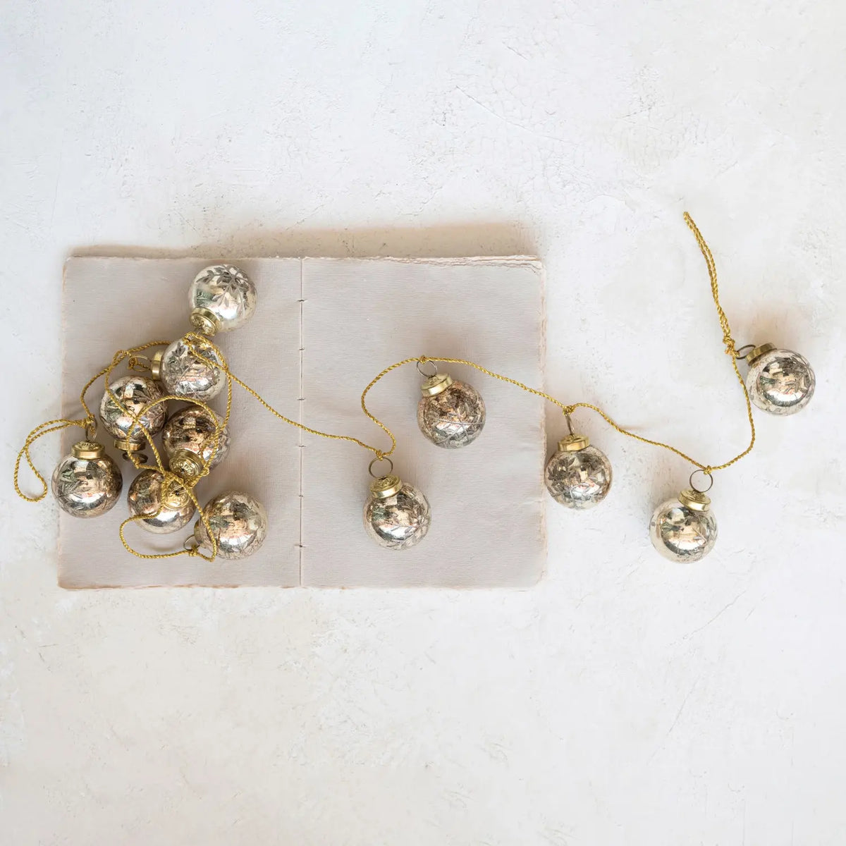 garland - recycled glass ornament - antique gold - etched snowflake - gold cord by creative co-op