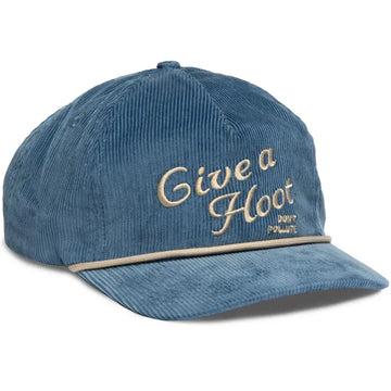 hat - 5-panel corduroy - give a hoot, don't pollute - blue by the landmark project
