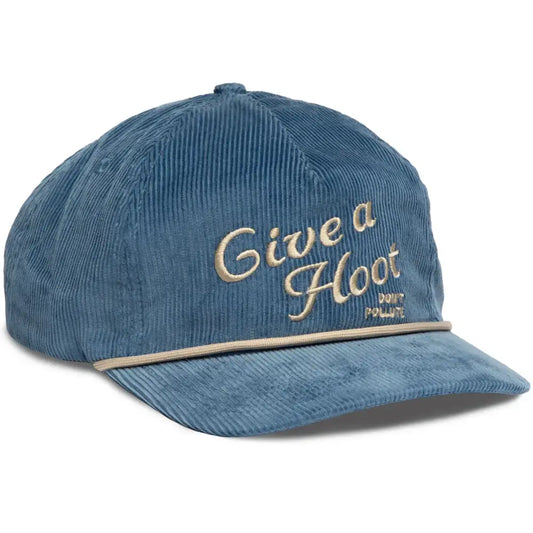 hat - 5-panel corduroy - give a hoot, don't pollute - blue by the landmark project
