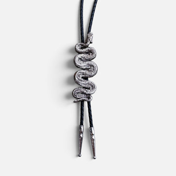 Bolo Tie | Rattlesnake | White Bronze + Black Leather Cord