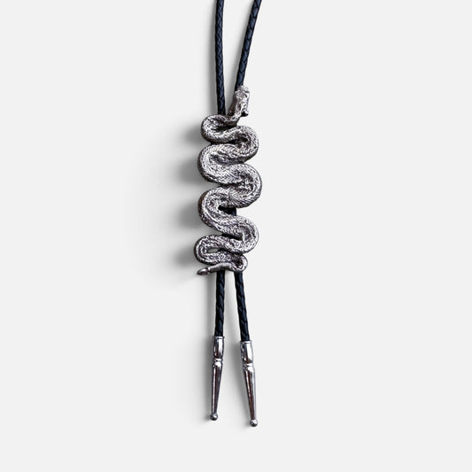 Bolo Tie | Rattlesnake | White Bronze + Black Leather Cord