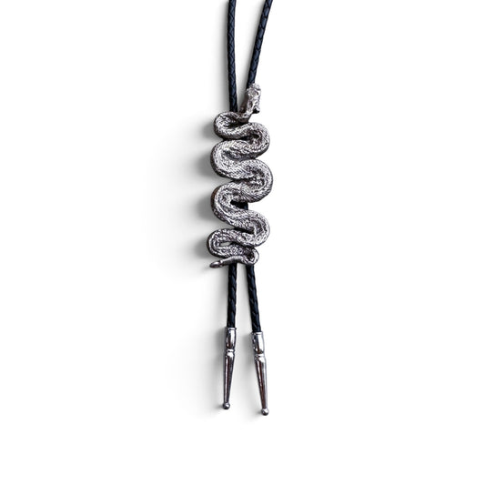 Bolo Tie | Rattlesnake | White Bronze + Black Leather Cord