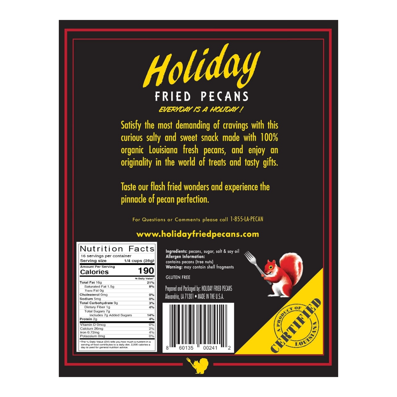 Back label of Holiday Fried Pecans tin showing nutrition facts and ingredient list