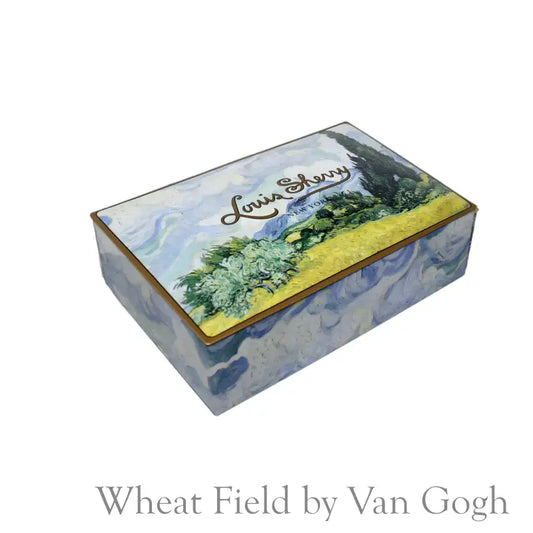 Louis Sherry chocolate tin, closed enamel keepsake box with Wheat Field design