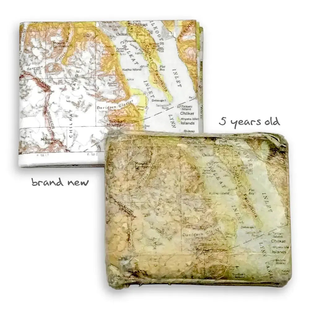 Mighty Wallet shown after years of use, demonstrating Tyvek's durability