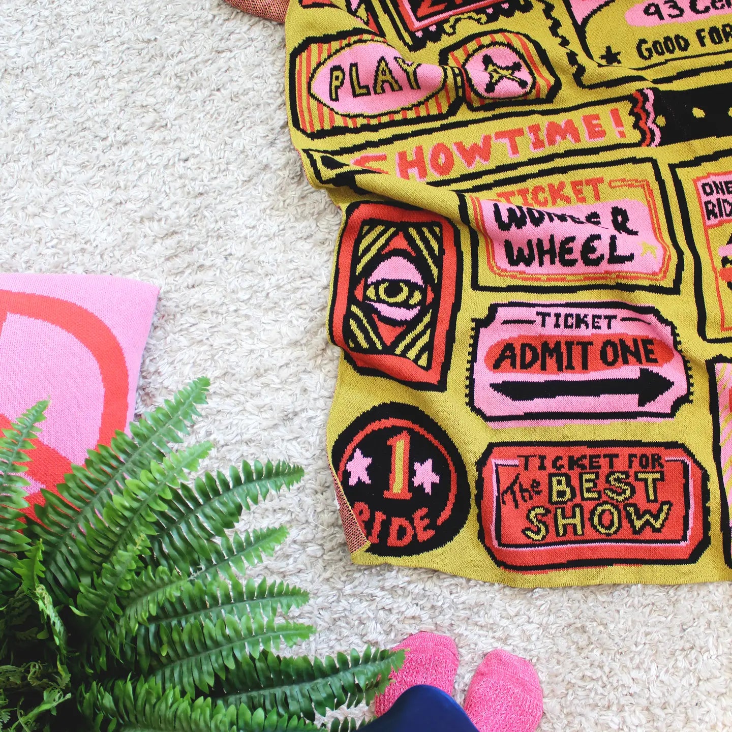 blanket - recycled cotton/acrylic - admit one tickets - chartreuse/pink/red by calhoun & co.