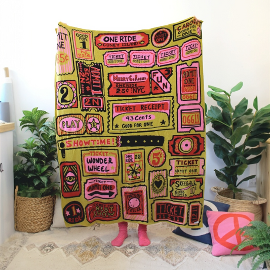 blanket - recycled cotton/acrylic - admit one tickets - chartreuse/pink/red by calhoun & co.