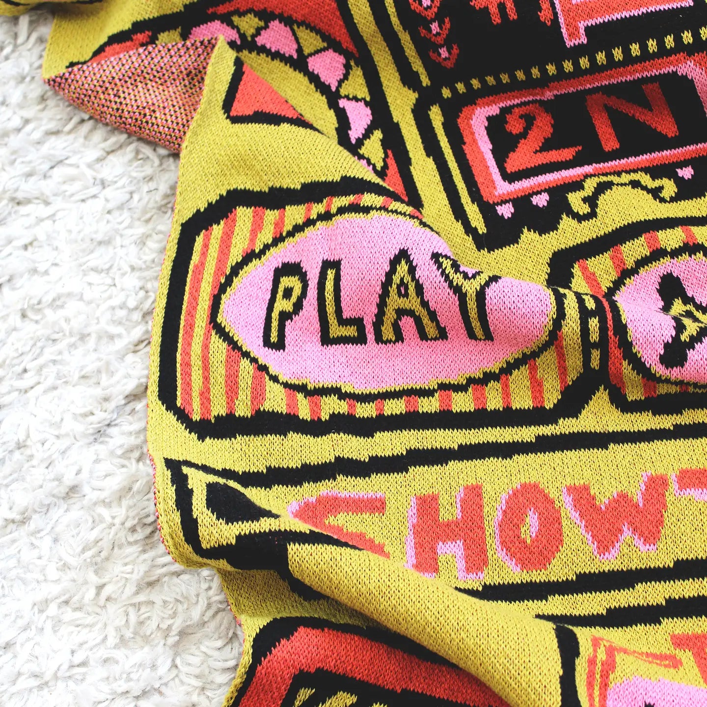 blanket - recycled cotton/acrylic - admit one tickets - chartreuse/pink/red by calhoun & co.