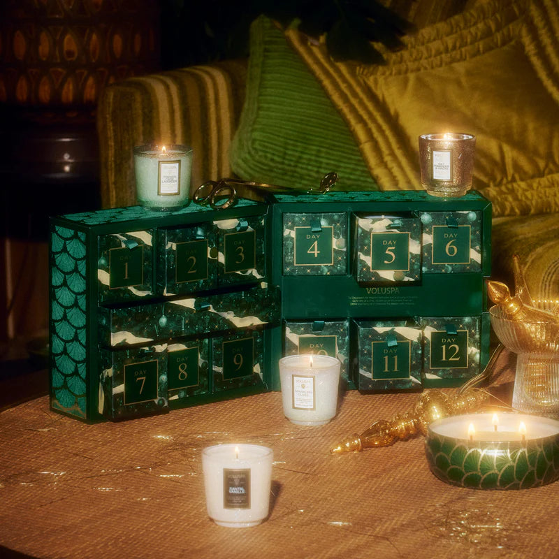 candle gift set - petite pedestal candle - 12 day advent calendar by voluspa