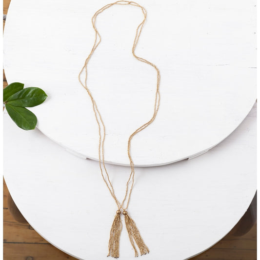 necklace - brass beaded - double tassel by baizaar