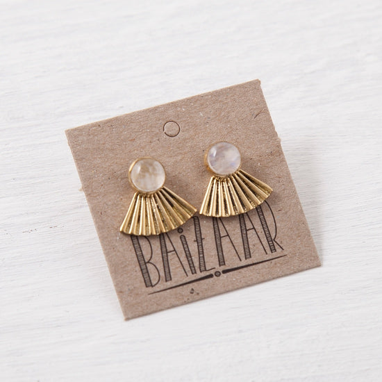 earrings - brass fan studs - moonstone by baizaar