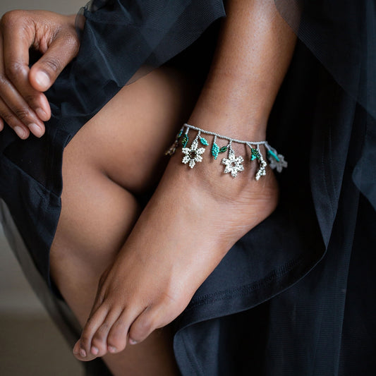 anklet - beaded leaf - turquoise + white by lucia's imports