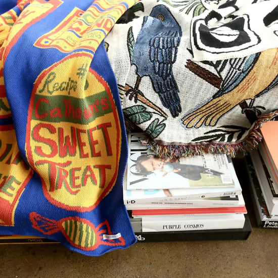 blanket - recycled cotton/acryclic - sweet treats - blue/yellow/red/green by calhoun & co.