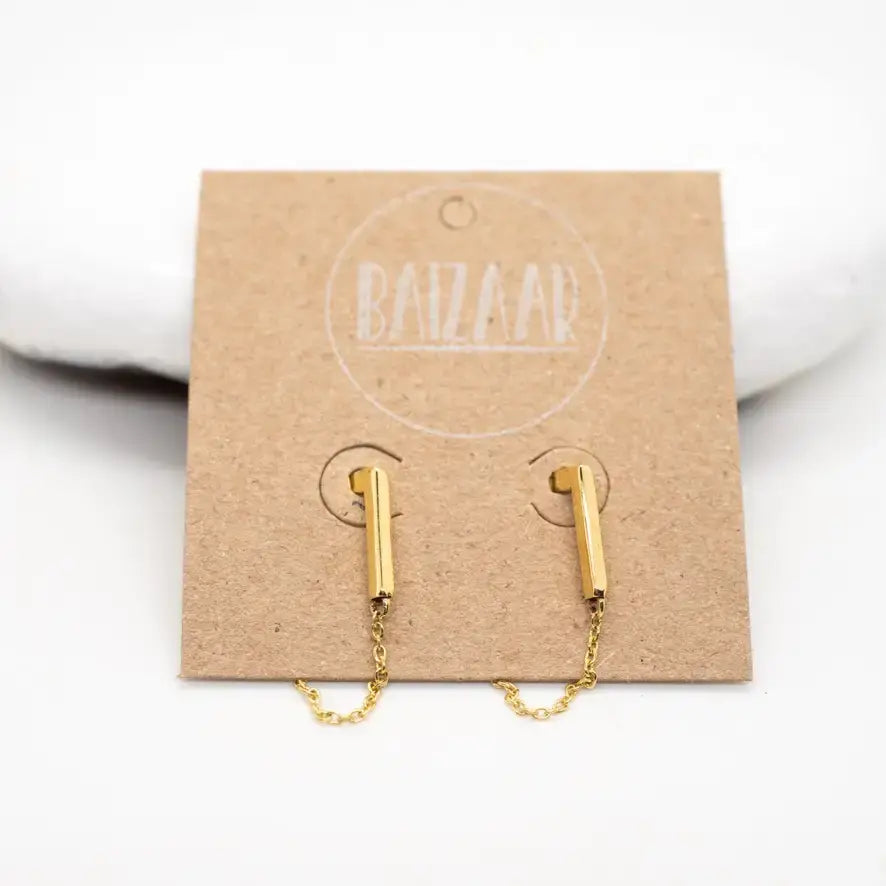 earrings - stud - brass - bar & chain by baizaar