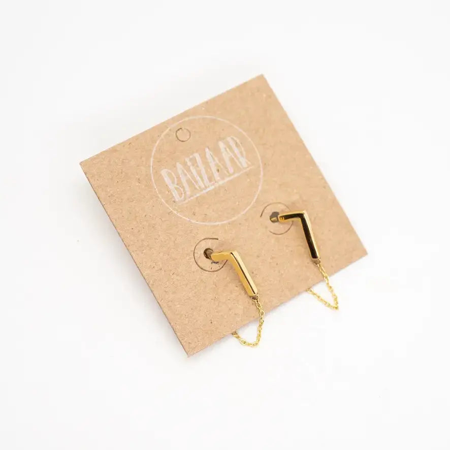 earrings - stud - brass - bar & chain by baizaar