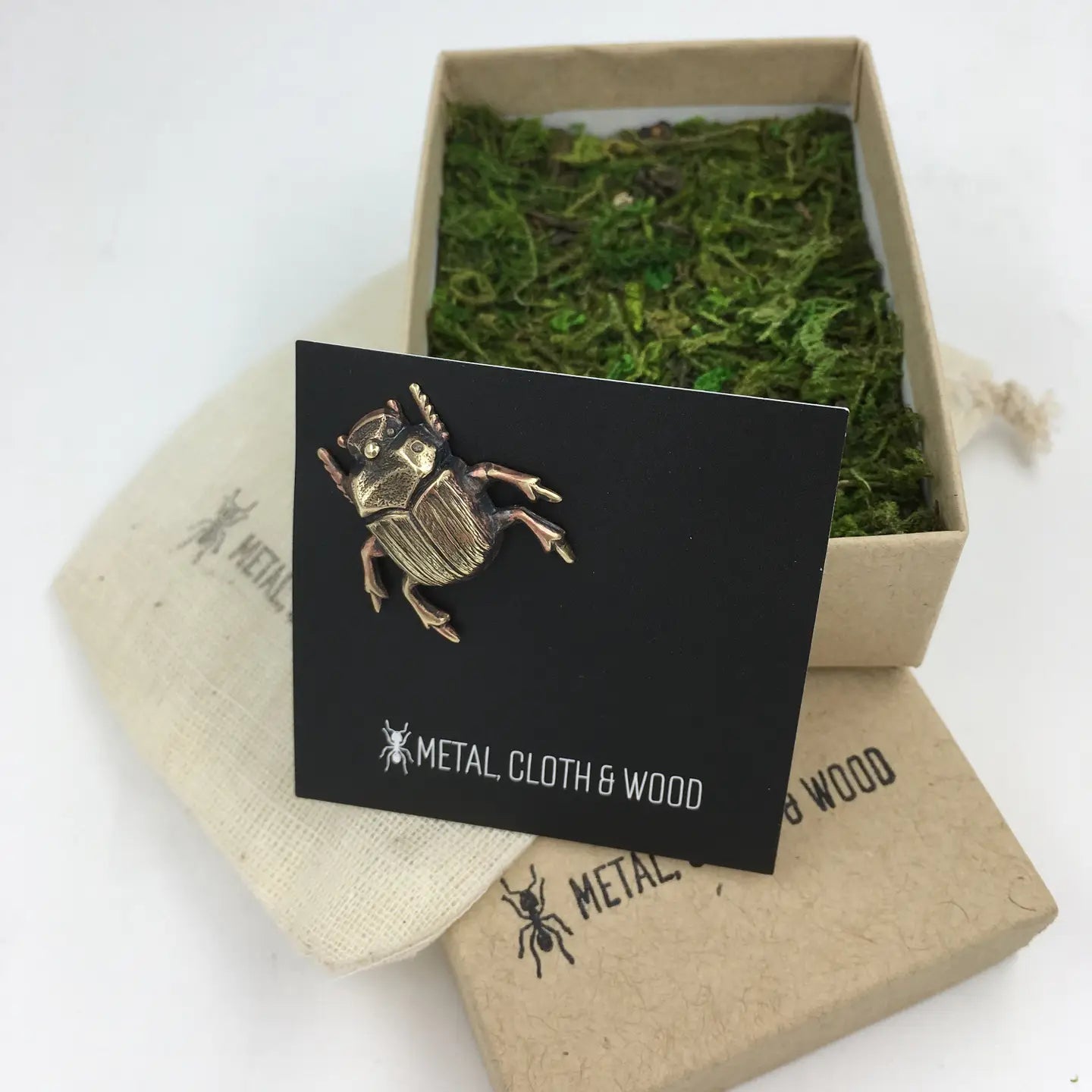 brooch pin - scarab beetle by metal cloth & wood