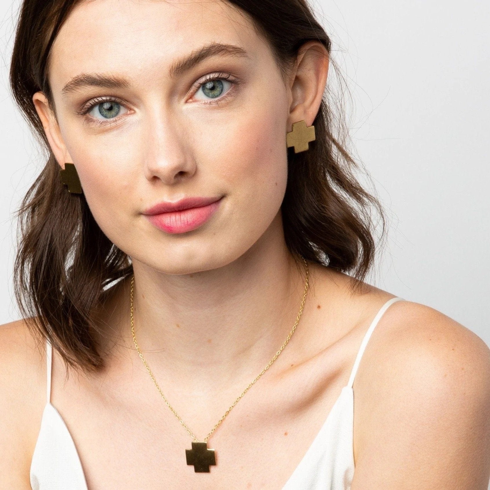 brass earrings - small solid cross by ink + alloy