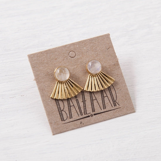 earrings - brass fan studs - moonstone by baizaar