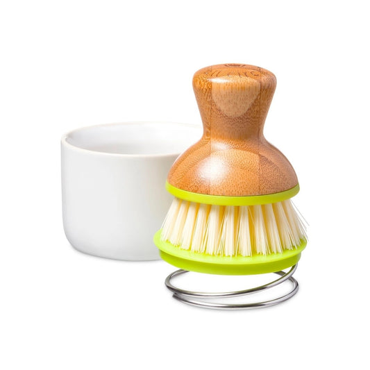 ceramic dish + brush - white/green by full circle home