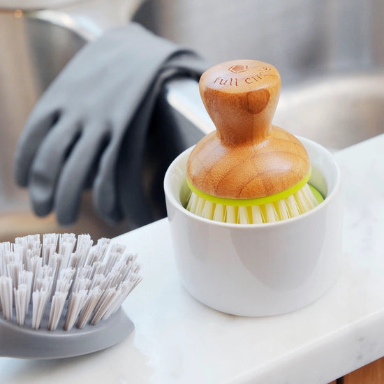 ceramic dish + brush - white/green by full circle home