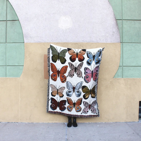 blanket - recycled cotton/acrylic - butterfly & moth tapestry by calhoun & co.