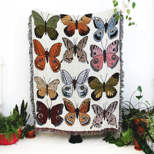 blanket - recycled cotton/acrylic - butterfly & moth tapestry by calhoun & co.