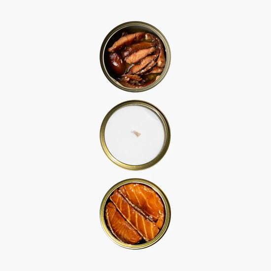 tinned trio - pop top candle + smoked salmon + smoked rainbow trout by fishwife