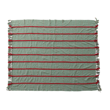 Throw Blanket | Recycled Blend | Embroidery & Fringe | Green+Red
