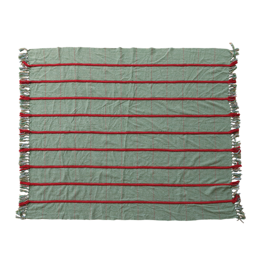 Throw Blanket | Recycled Blend | Embroidery & Fringe | Green+Red