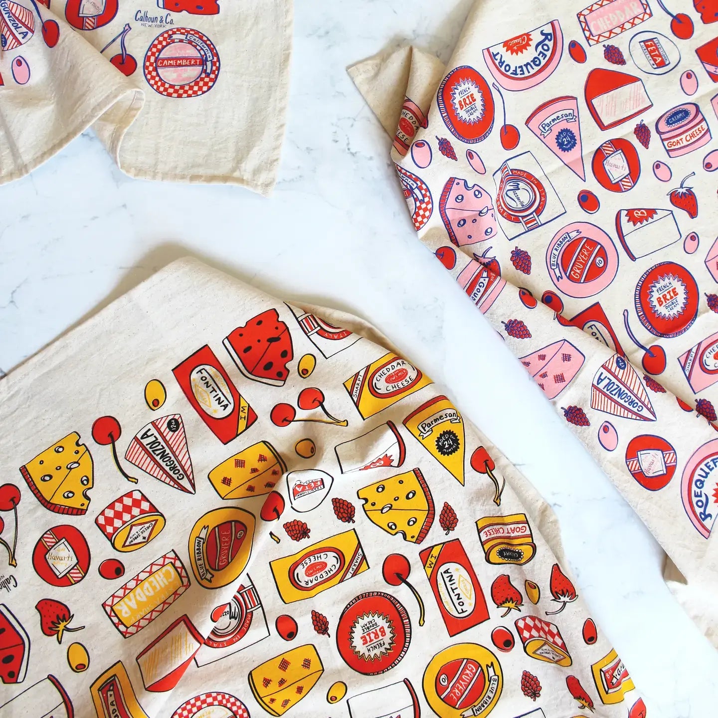 tea towel - screen printed - cheese shop - yellow/red/brown by calhoun & co.