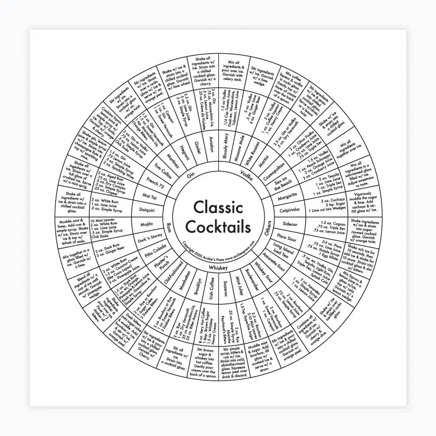 art print - letterpress - 8x8"- classic cocktails by archie's press