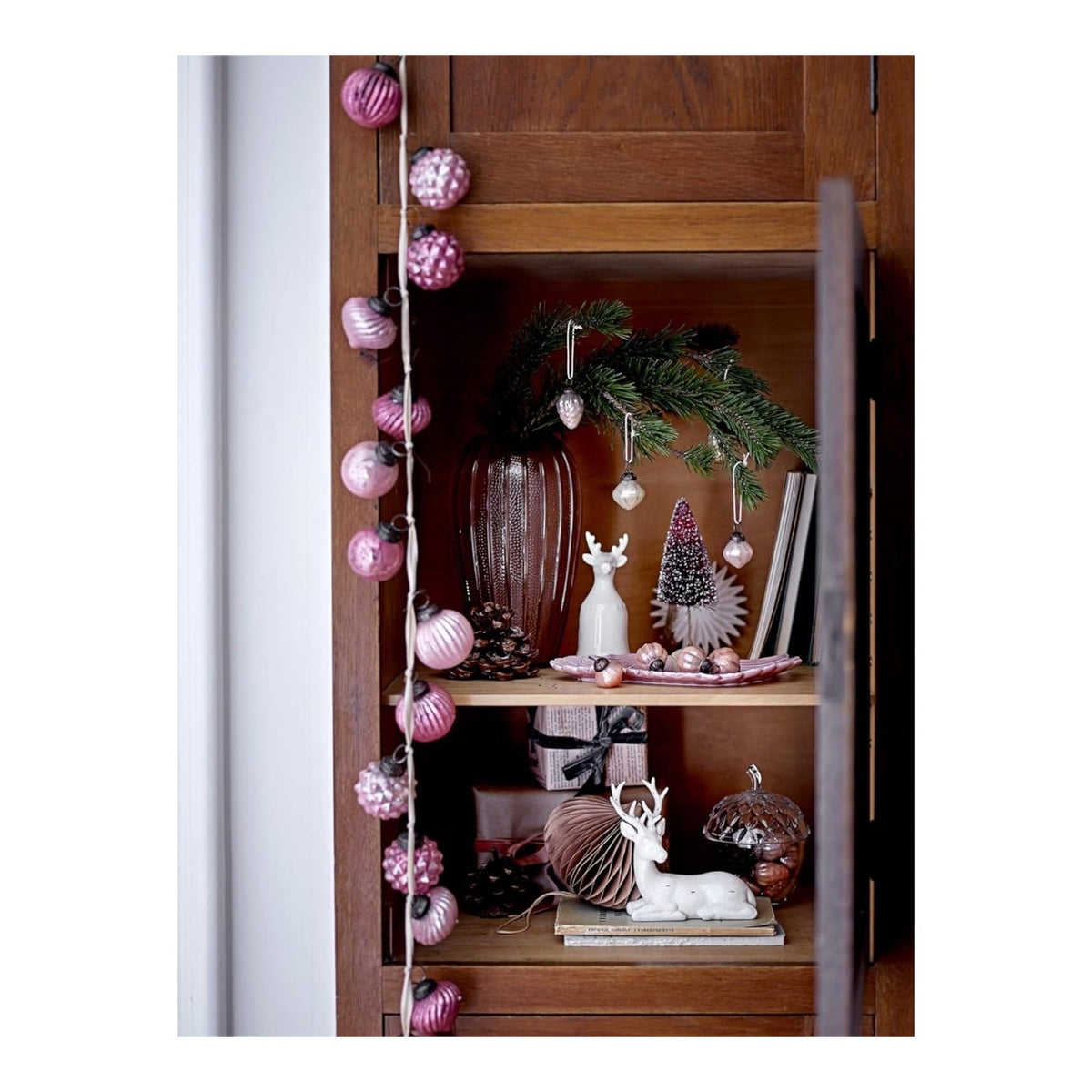 garland - recycled glass ornament - pinks + fabric ribbon by creative co-op