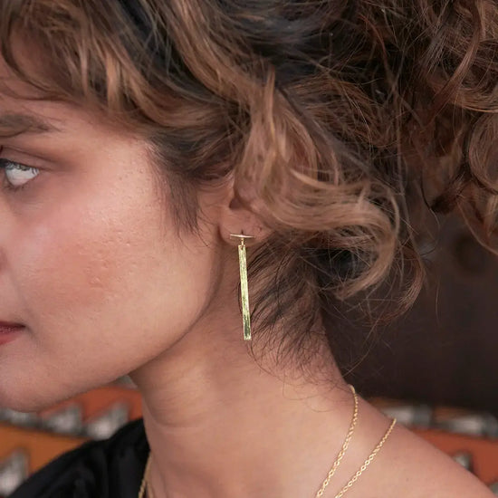 earrings - dangling bar posts - gold by worldfinds