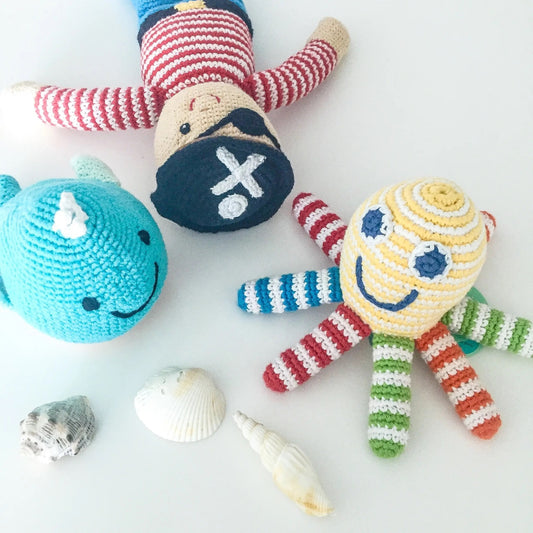 crochet rattle - blue whale by pebble