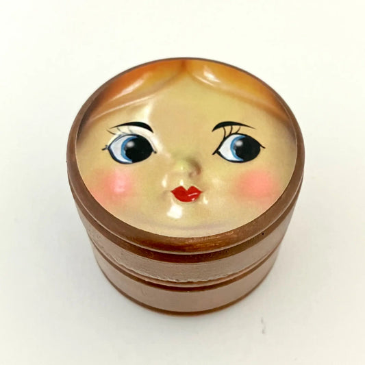 container - wooden - doll face by silva ware by walter silva