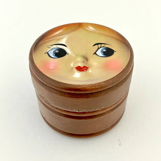 container - wooden - doll face by silva ware by walter silva