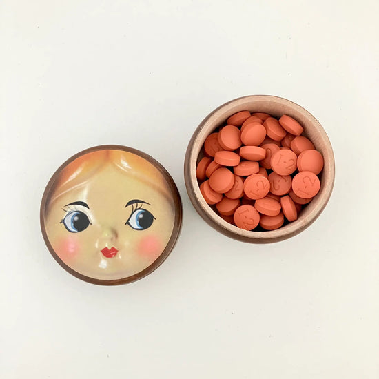 container - wooden - doll face by silva ware by walter silva