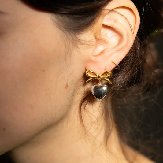 earrings - effie bow + heart mixed metal stud - 18kgp by peter and june