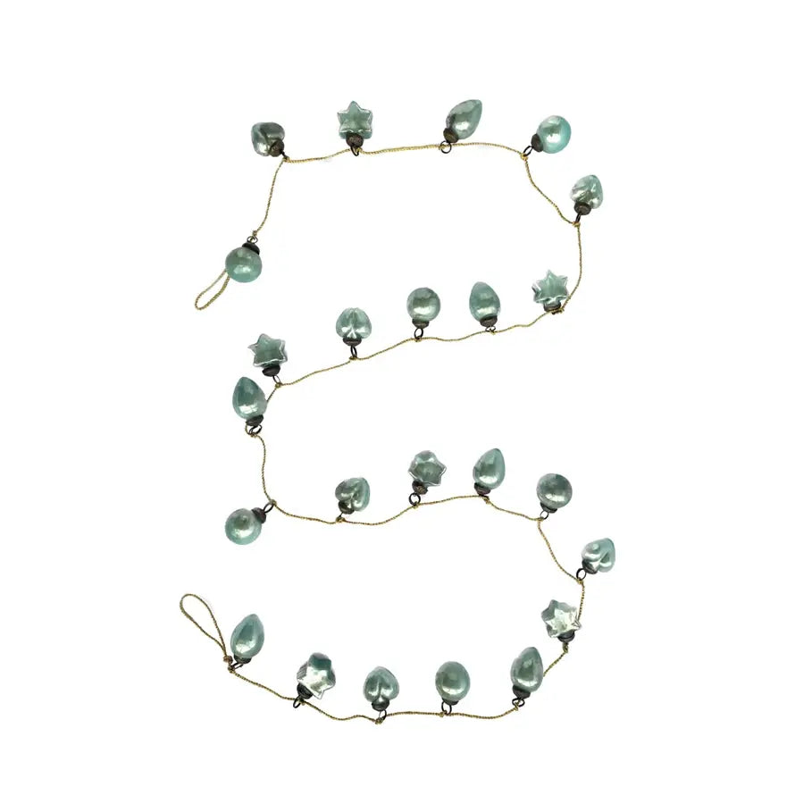 garland - recycled glass ornament - mini mint - gold cord bulb+star+heart+ball ornament - mint mercury glass - gold cord by creative co-op