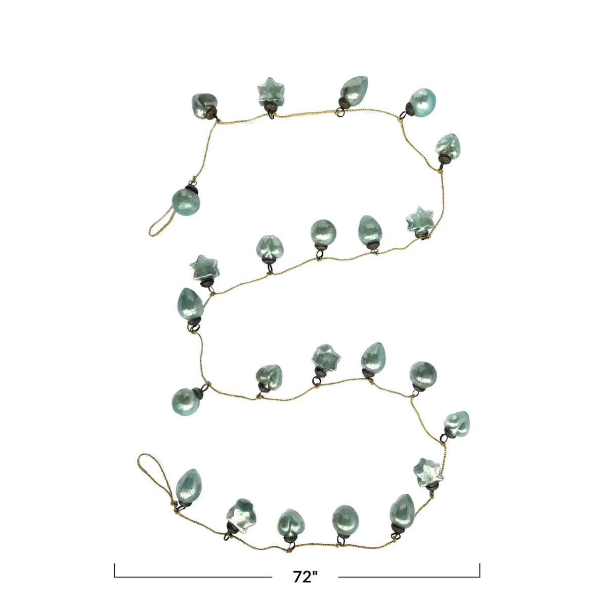 garland - recycled glass ornament - mini mint - gold cord bulb+star+heart+ball ornament - mint mercury glass - gold cord by creative co-op