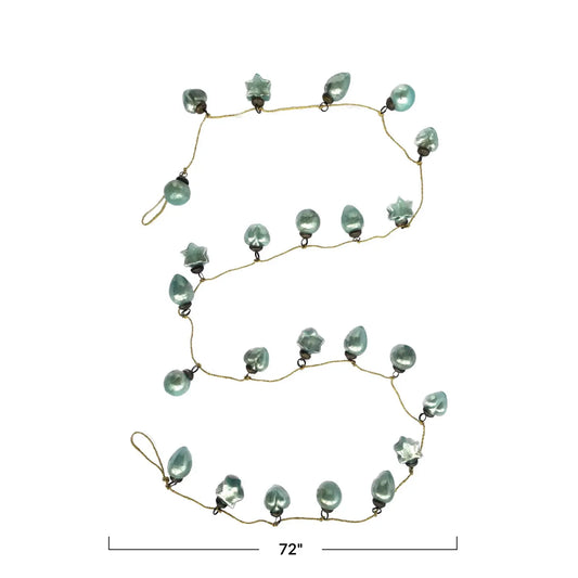 garland - recycled glass ornament - mini mint - gold cord bulb+star+heart+ball ornament - mint mercury glass - gold cord by creative co-op