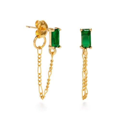 earrings - emerald stud w/chain - 14k gold-plate brass by amano studio