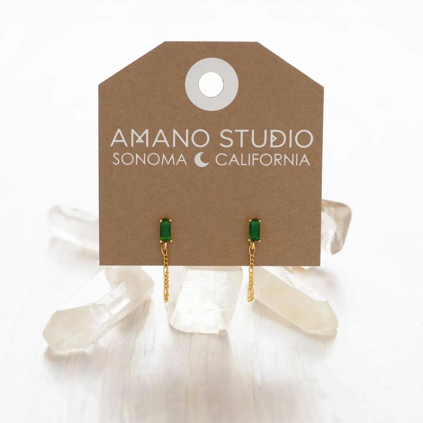 earrings - emerald stud w/chain - 14k gold-plate brass by amano studio