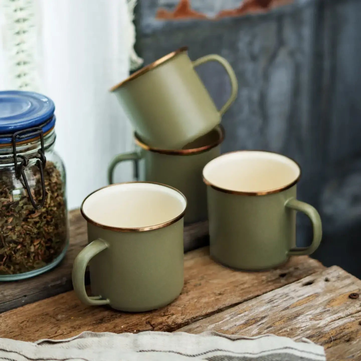camp mugs - enamel - olive drab + speckled white by barebones