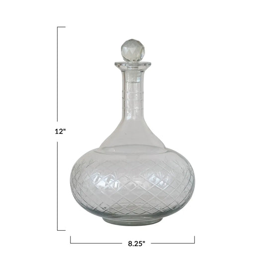 round decanter - etched recycled glass - diamond stopper by creative co-op